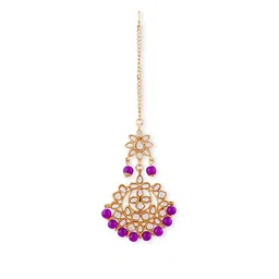 Swarajshop Gold-Plated Purple & White Stone-Studded & Beaded Jewellery Set image 2