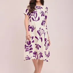 Pink Fort Floral Printed Keyhole Neck A-Line Cotton Dress-image-8