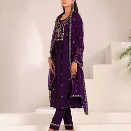 MOJILAA Women Floral Embroidered Mirror Work Flared Kurta with Pant & Printed Dupatta image 5