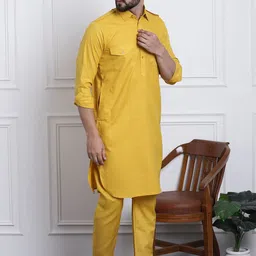 SOJANYA Men Mustard Yellow Solid Pathani Kurta with Salwar image 4