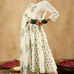 Anouk Women Floral Printed Cotton Anarkali Kurta with Trousers & Dupatta image 3