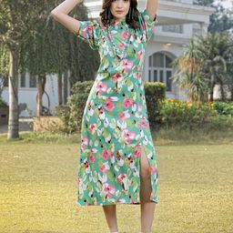 plusS Green Floral Printed Puff Sleeve High Neck Midi Dress-picture-32
