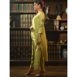 Indo Era Floral Printed Thread Work Straight Kurta With Trousers & With Dupatta image 2