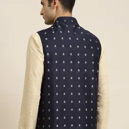 Sojanya Men Navy Blue & Silver Woven Design Nehru Jacket image 2