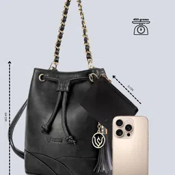 VISMIINTREND Leather Bucket Handheld Bag with Tasselled image 3