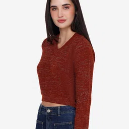 JoE Hazel Self Design  V-Neck Crop Acrylic Crop Pullover image 4