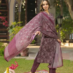 KALINI Floral Printed Pleated Kurta with Trouser & Dupatta image 2