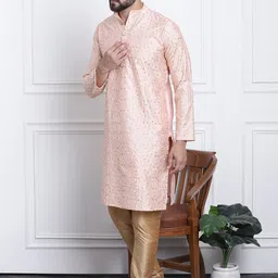 SOJANYA Men Peach-Coloured Floral Embroidered Regular Kurta with Churidar image 3