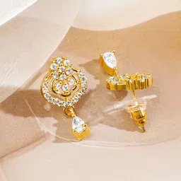 Rubans 18KT Gold-Plated CZ-Studded & Beaded Curved Bar Pendant Mangalsutra With Earrings image 3