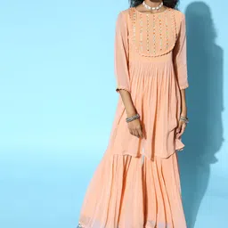 Janasya Women Peach-Coloured Georgette Thread Work Kurta with Sharara image 4