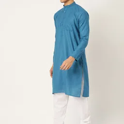 SOJANYA Men Teal Blue & White Solid Kurta with Churidar image 3