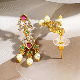 Rubans 22K Gold-Plated Ruby Red & Emerald Green Stone Studded Pearl Beaded Necklace Set image 3