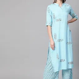 Gerua By Libas Women Blue Mustard Yellow Block Print Kurta with Palazzos image 5