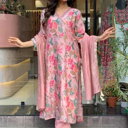 GoSriKi Women Floral Printed Regular Kurta with Trousers & With Dupatta image 2