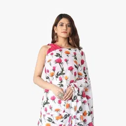 clothonus White & Pink Floral Pure Cotton Block Print Saree image 5