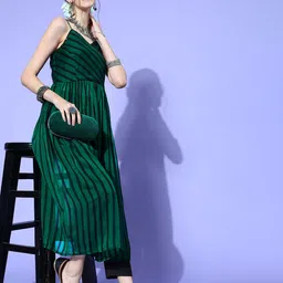 Inddus Women Striped Silk Blend New Neckline Kurta Set image 5