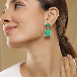 Rubans Luxury Rhodium Plated Emerald & Cubic Zirconia Studded Geometric Drop Earrings image 3