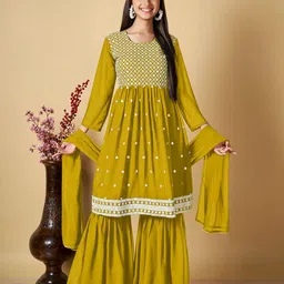 ZARIMO Floral Lucknowi Embroidered Mirror Work Kurta With Sharara & Dupatta-picture-40