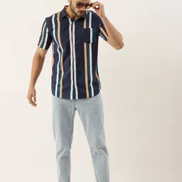 Campus Sutra Men Navy Blue & Peach-Coloured Cotton Striped Casual Shirt image 5