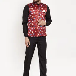 KLOTTHE Men Red & Blue Floral Printed Nehru Jacket image 2