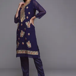Mitera Navy Blue & Gold-Toned Embroidered Unstitched Dress Material image 5