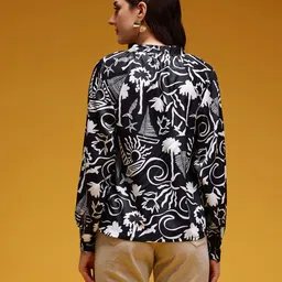 HERE&NOW Conversational Print Satin-Finish Mandarin Collar Cuffed Sleeves Top image 2