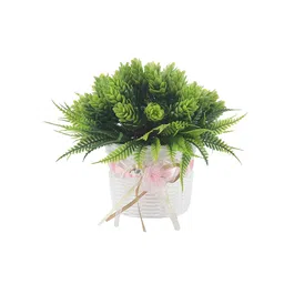 FOLIYAJ Set Of 2 Green & White Artificial Plant With Fern Leaves Buds & White Pots image 3