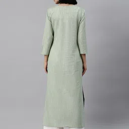 Varanga Women Green Striped Thread Work Cotton Straight Kurta image 3