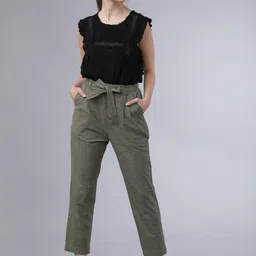 Tokyo Talkies Women Olive Green Regular Fit Self Design Ankle Length High-Waist Trousers image 4