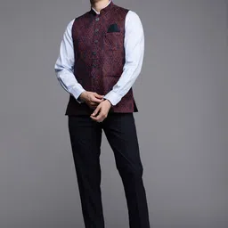 Manyavar Men Navy Blue Ethnic Motifs Printed Nehru Jacket image 3