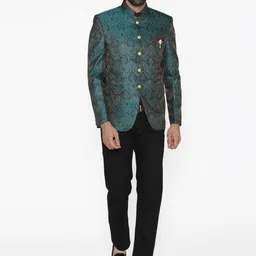 Wintage Men Blue Self-Design Tailored Fit Bandhgala Blazer image 2