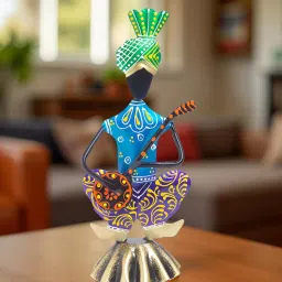 Golden Peacock Blue and Multi-Colour Hand-Painted & Handcrafted Tribal Metal Showpiece-image-4
