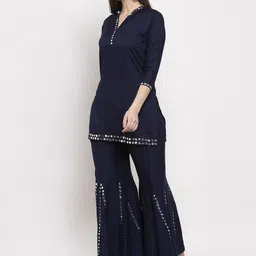 Clora Creation Women Navy Blue Solid Mirror Work Kurti with Sharara image 5