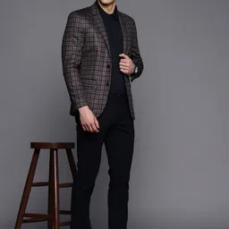 Peter England Elite Men Maroon & Black Checked Neo Slim Fit Single-Breasted Formal Blazer image 5