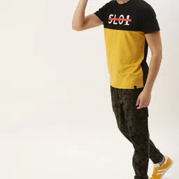 SINGLE Men Mustard YellowBlack Colourblocked Slim Fit Round Neck Pure Cotton T-shirt-picture-24