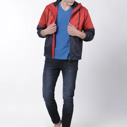 Plutus Men Red & Navy Blue Colourblocked Windcheater Puffer Jacket image 5