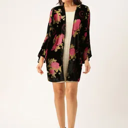 Madame Women Black & Pink Velvet Finish Floral Printed Open Front Shrug image 2