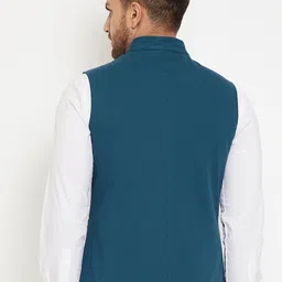 Hypernation Men Teal Blue Solid Woven Cotton Twill Nehru Jacket image 5