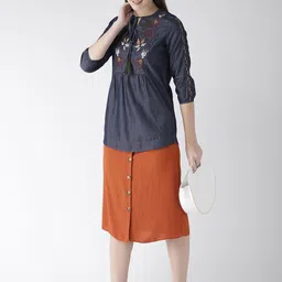 Xpose Women Navy Blue Embroidered Chambray Pure Cotton Top image 5