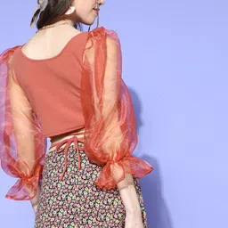 Athena Women Chic Rust Solid Puff Sleeves Top image 2