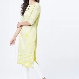 Vishudh Women Lime Green Ethnic Motifs Printed Keyhole Neck Kurta image 4