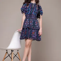 Label Ritu Kumar Ethnic Motifs Print Tie-Up Neck Flutter Sleeves Layered Georgette Dress image 5