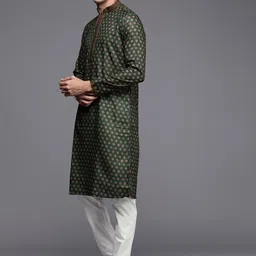 Manyavar Men Green Floral Printed Kurta with Churidar image 5
