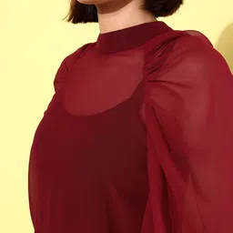 ANVI Be Yourself Mandarin Collar Raglan Sleeves Sheer Georgette Longline Top image 3