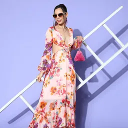 Berrylush Pink Floral Chiffon A-Line Maxi Dress-image-42