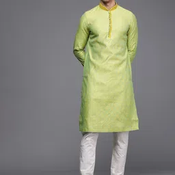 Manyavar Men Green Pure Cotton Ethnic Motifs Woven Design  Kurta with Pyjamas image 5