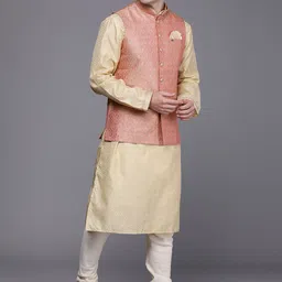 Manyavar Pink & Beige Art Silk Jacquard Woven Design Nehru Jacket image 3