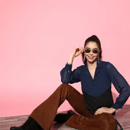 Antheaa Navy Blue & Black Colourblocked Dobby Weave Shirt Style Chiffon Top image 5