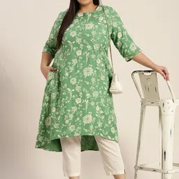 Sztori Plus Size Women Green & Off White Ethnic Motifs Printed High-Low A-Line Kurta-image-15