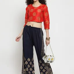 clora creation Clora Creations Navy Blue & Gold-Toned Printed Rayon Palazzo image 3